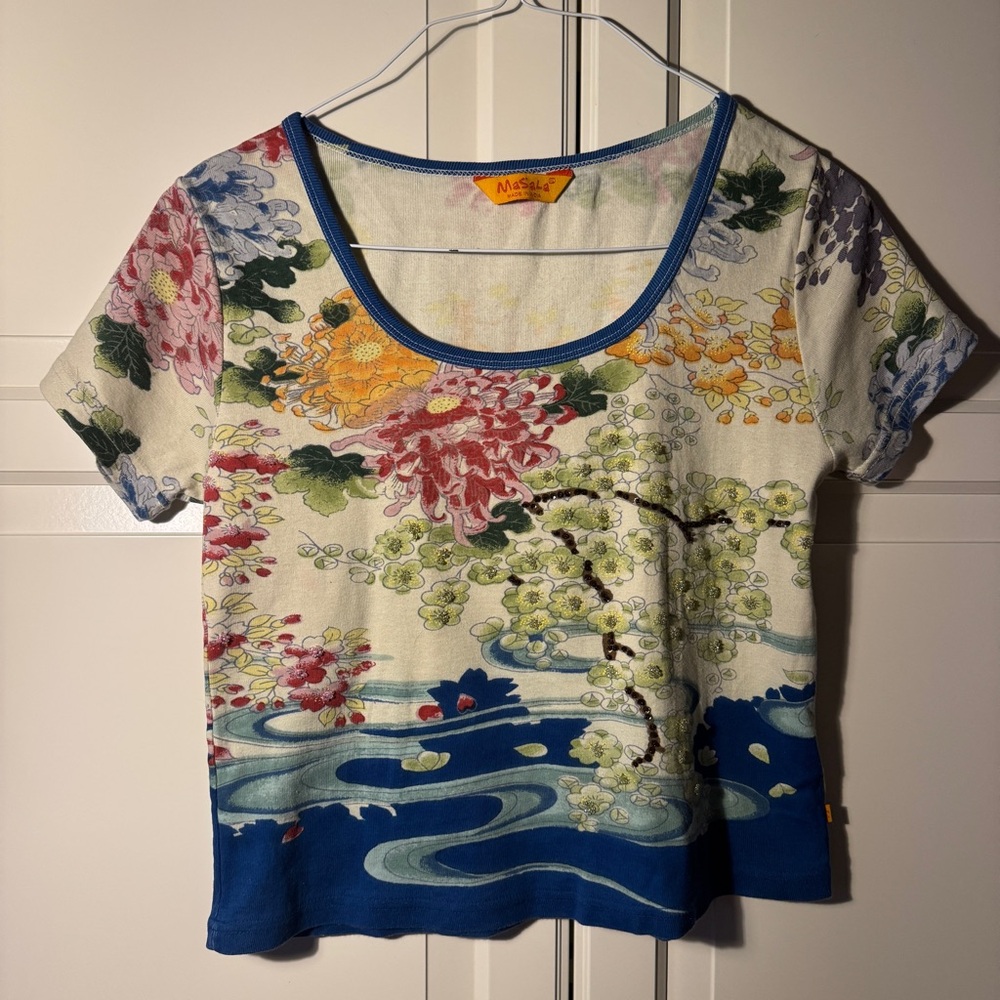Vintage beaded Multicolor Japanese inspired Floral Crop T-shirt - fits like L